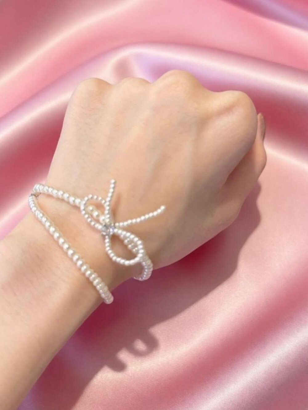 Pearl Bow Bracelet Faux Pearl Crystal Bow Charm Silver Tone Coquette Dainty